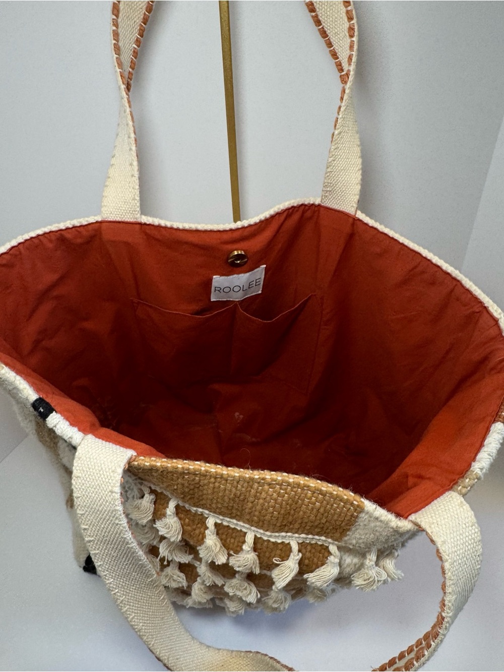 Roolee Culebra Woven Tote Bag - Boho Tassel Knit Stripe Shoulder Bag - Picture 6 of 11